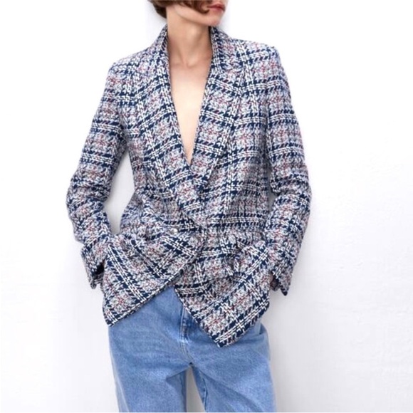 Zara Jackets & Blazers - Zara Tweed Blazer Jacket Navy & Red Plaid